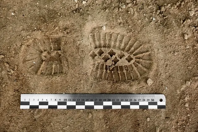 Ruler near footprint on sand/crime scene investigation