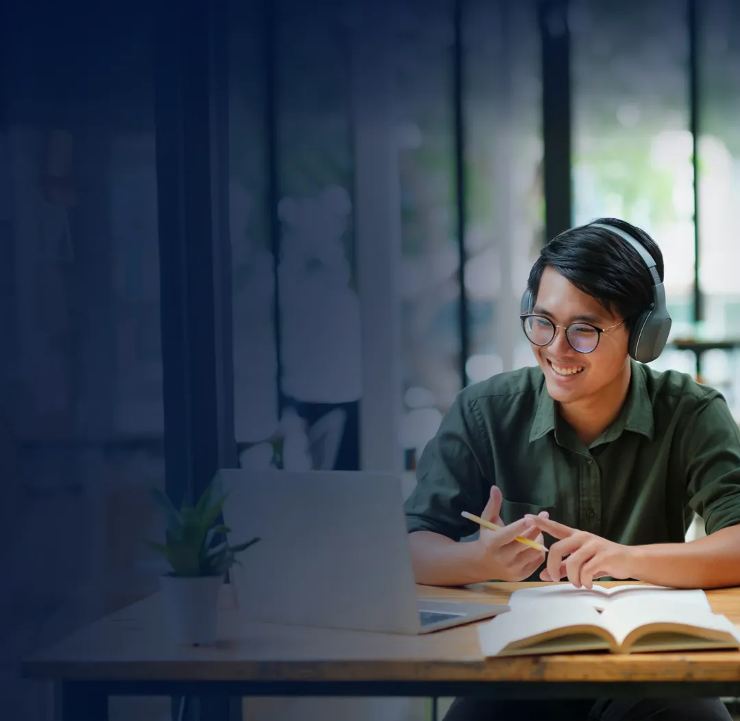 Male student learning online